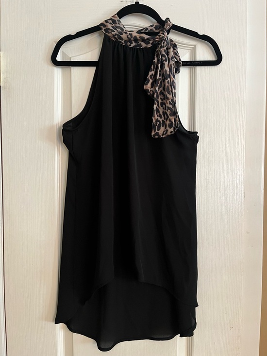 White House Black Market Tops - White House Black Market Black Halter Blouse with Leopard Tie Neck